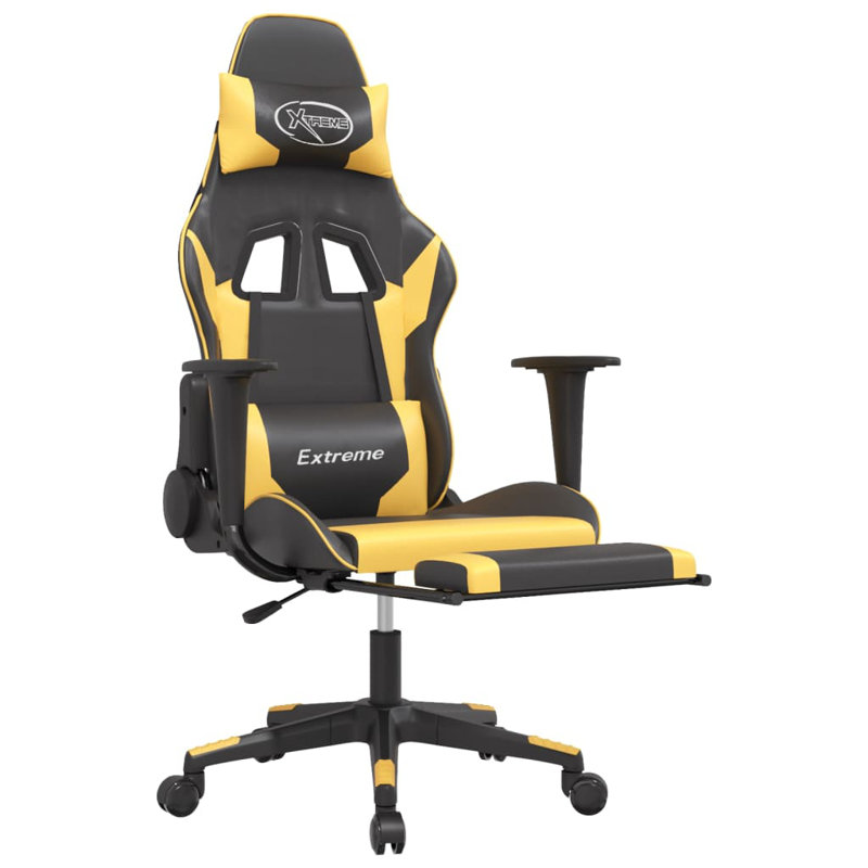 Gaming Chair with Footrest Faux Leather, Black/Gold