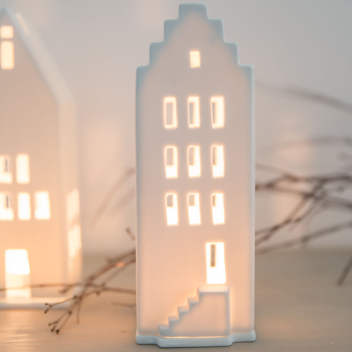 Village House Porcelain Lantern, 7.9" H x 3" W x 3.5" D