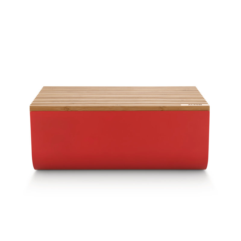 Red Epoxy Steel Bread Box with Bamboo Cutting Board Lid