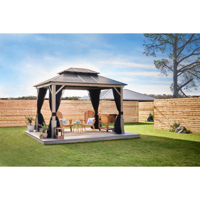 Tommy Bahama Cove 10' x 12' Outdoor Hardtop Gazebo Pavilion for Backyard or Patio, Heavy-Duty Galvanized Steel Double Roof Gazebo, Wood Grain Finish