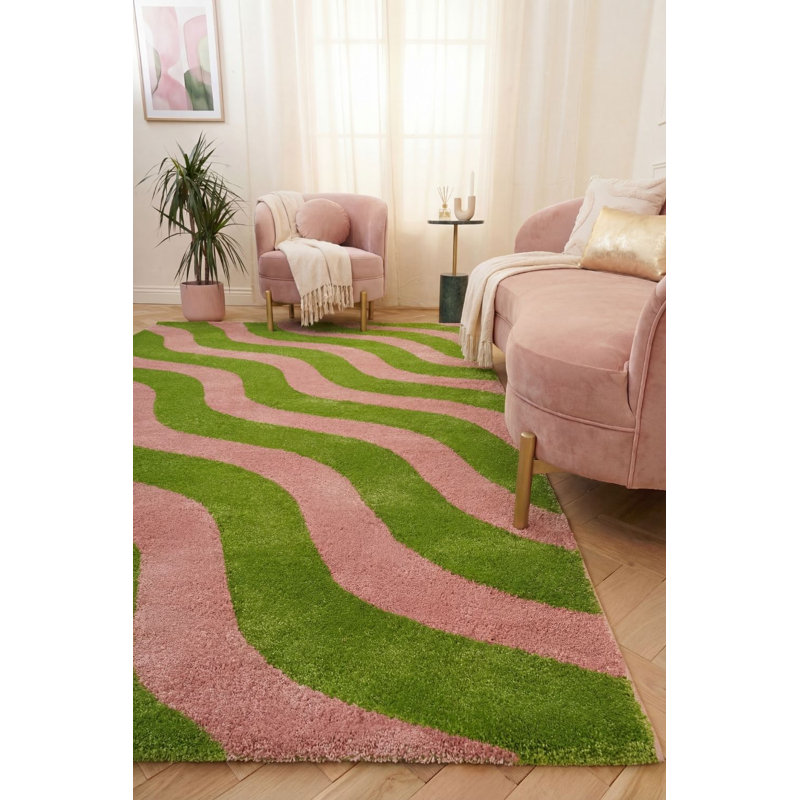 Joli Wavy Area Rug Soft Dense Pile for Living Rooms and Bedrooms, Rectangle 200 x 290 cm, Green/Pink