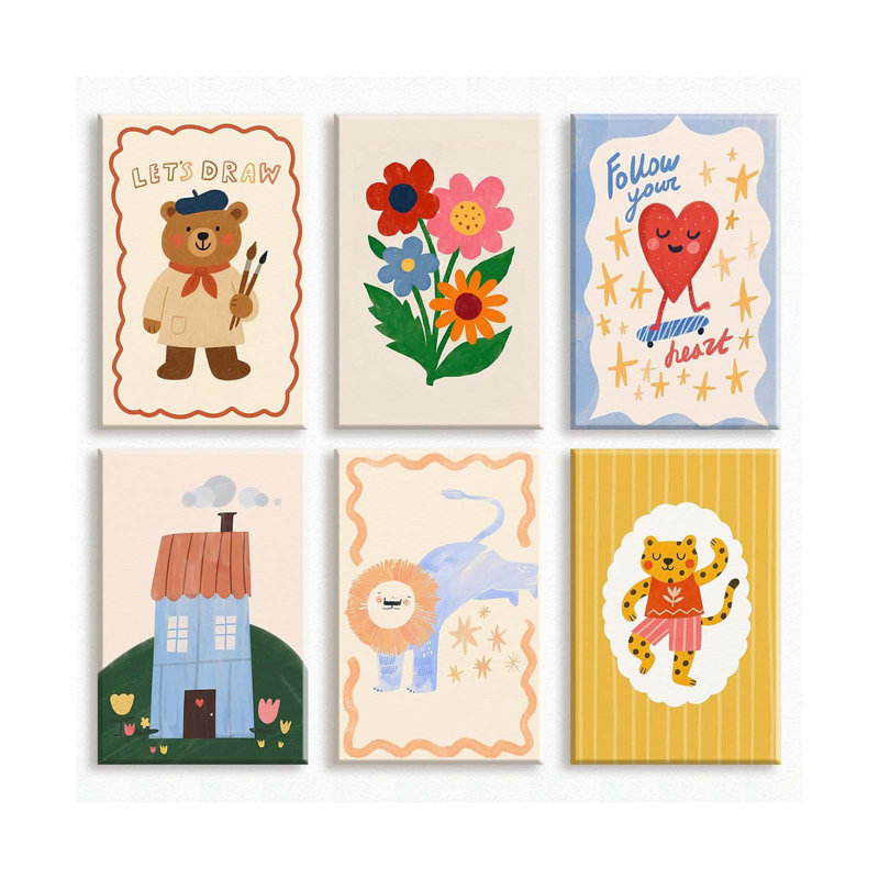 Set Of 6 Nursery Canvas Wall Art, Colorful Flowers And House Poster For Baby Room, Cute Bear Playroom Print, Lion And Tiger Cartoon Painting For Toddler Bedroom Wrapped Canvas
