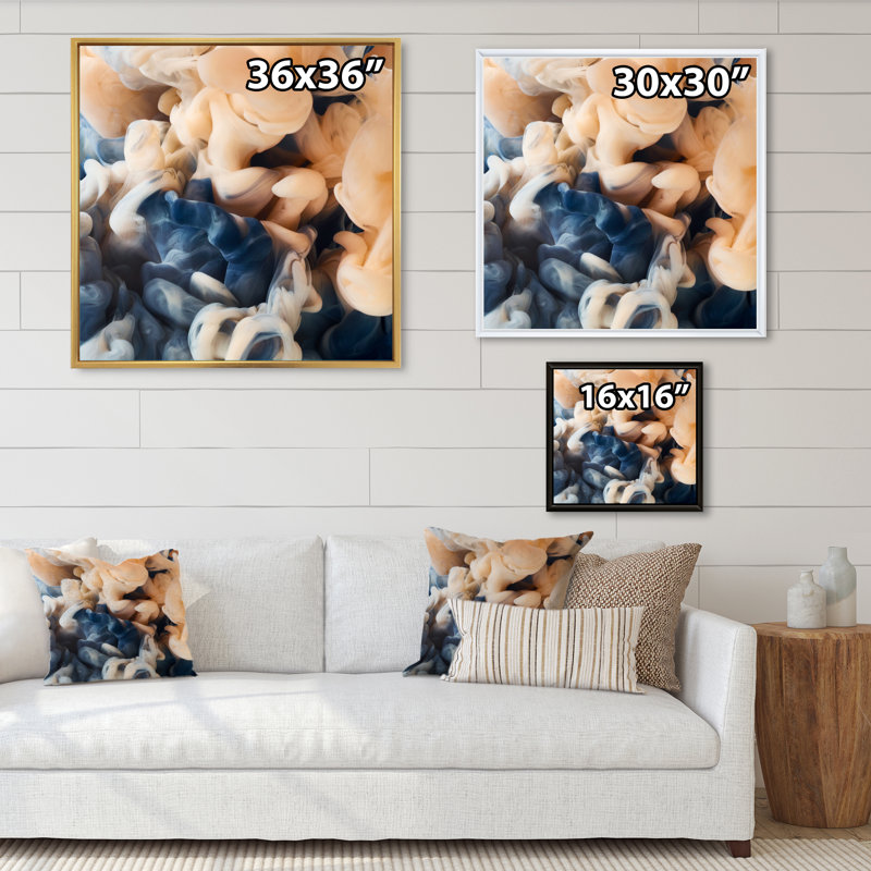 Jaune et bleu, encre fluide II - art mural moderne et contemporain sur toile, H 30 po x l 30 po x P 1 po, Cadre flottant noir