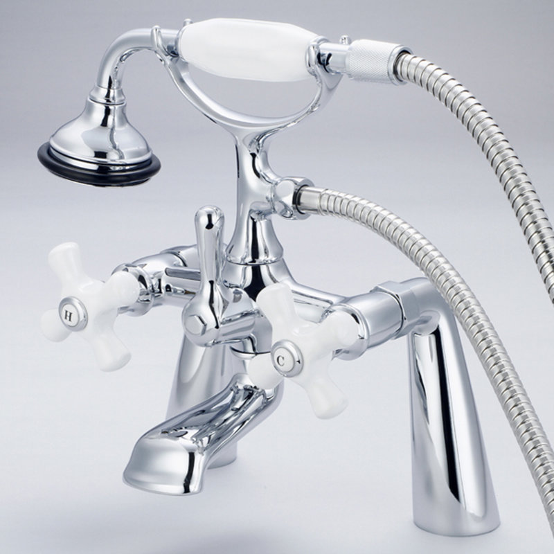 Stonington 3 Handle Deck Clawfoot Tub Faucet, Hand Polished, Richly Triple Plated Chrome Finish, Porcelain Cross Handles