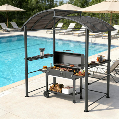 Auvent en acier durable et pavillon de jardin avec tablettes, abri barbecue moderne