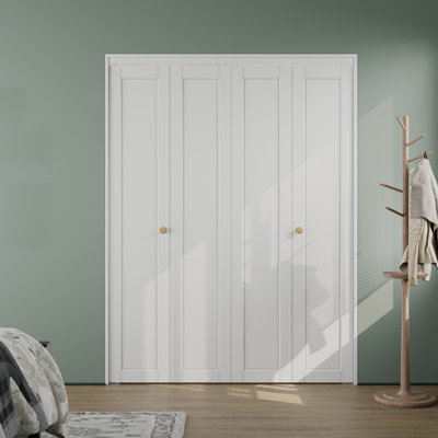 56" x 80" Double White Primed Panel Solid Core Manufactured Wood Bi-Fold Door With Installation Hardware Kit (pantry,closet door)