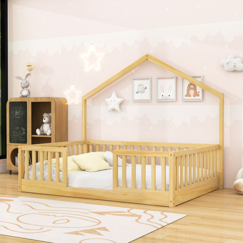 Wood Floor Bed With High Rails And LED Light, Natural, Full