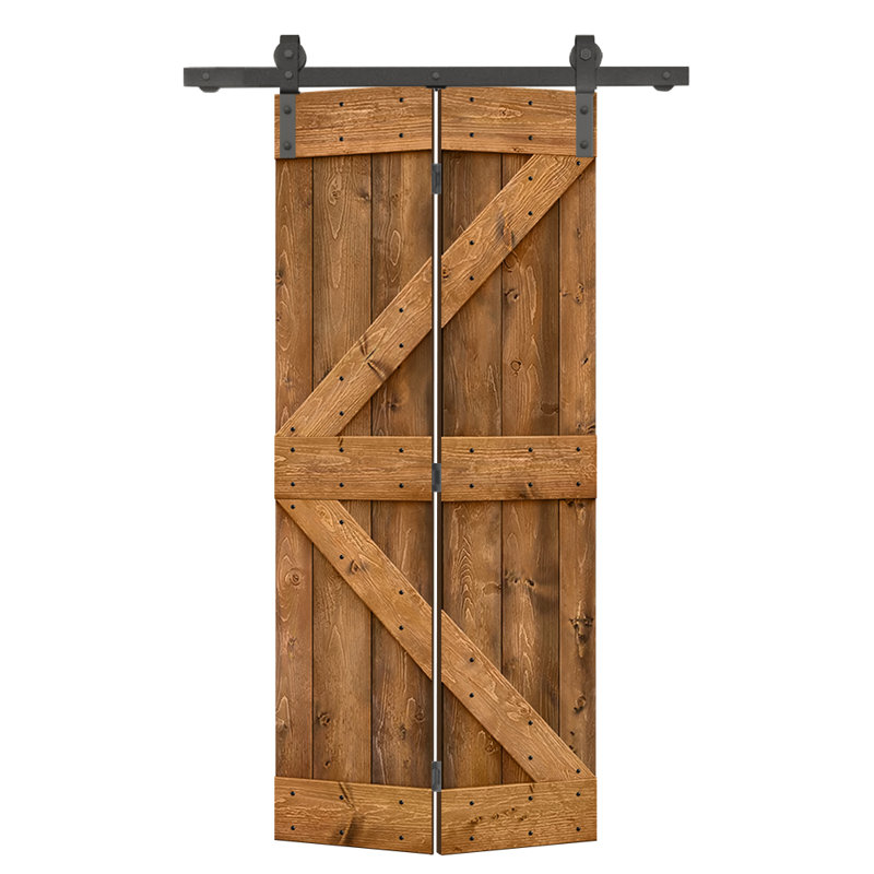 Porte de grange en bois pré-assemblée et pliante en deux parties avec quincaillerie coulissante, Noyer, 38 po x 84 po
