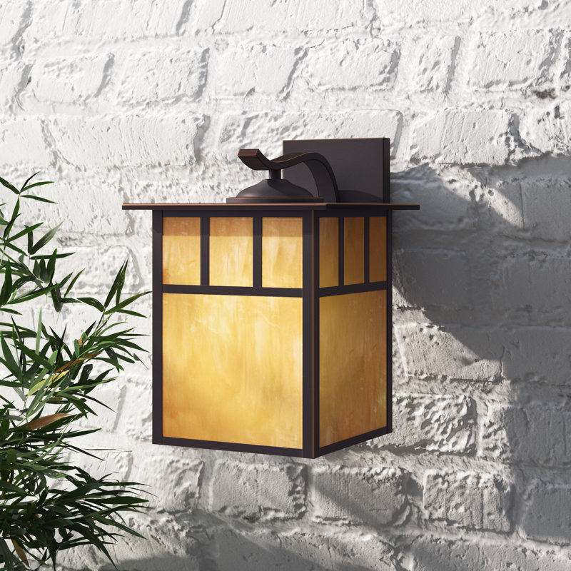 Avaline 9.5 in. H 1-Light Burnished Bronze Mission Outdoor Wall Sconce made of Durable Steel, Honey Opal Glass Shade, LED Compatible, Use for Exterior Porch Patio Front Door or Garage