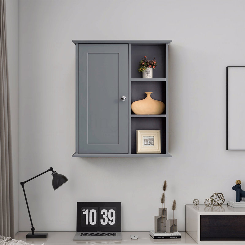 Gray Bathroom Wall Cabinet with Open Shelves & Soft-Close Door , Gray