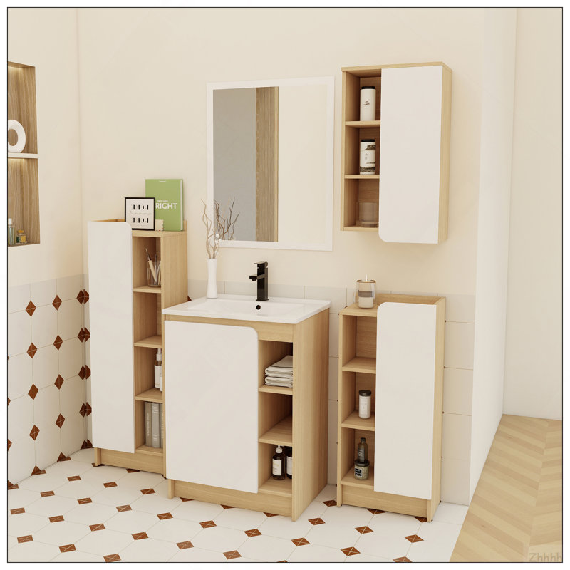Ensemble de meuble-lavabo 4 pièces en chêne clair avec lavabo en céramique à bord mince, ensemble de meuble-lavabo avec armoires de rangement, panneaux de porte bicolores, ensemble KD