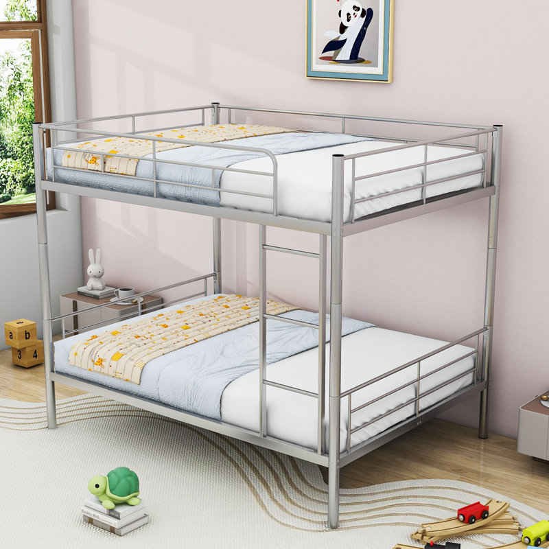 Metal Bunk Bed With Convertible Design And Safety Guardrails, Silver, Full Over Full