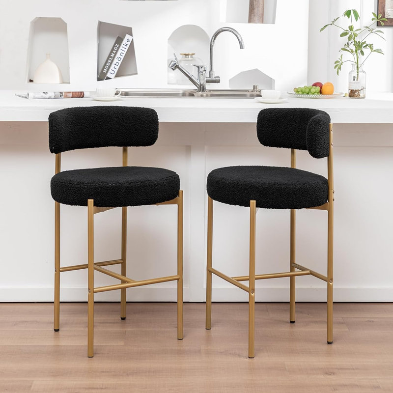 Gold Boucle Bar Stools Set Of 2, 26" Modern Counter Stools With Backs, Upholstered Barstools For Kitchen Island, Bar, Cafe