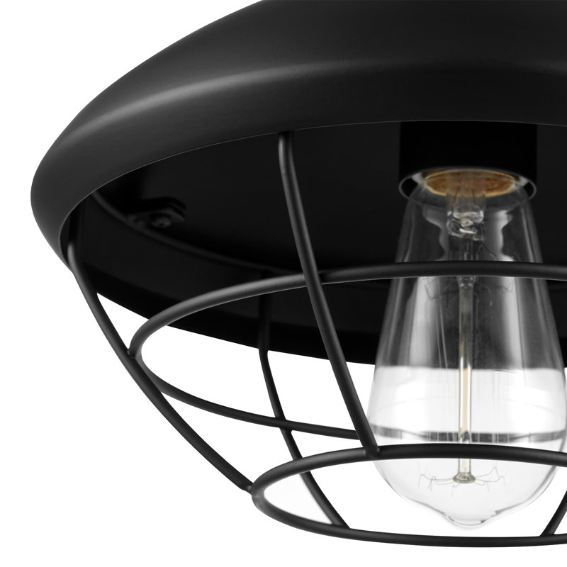 1-Light Outdoor Flush Mount Ceiling Light, Matte Black, Metal Cage Shade, Weather Resistant, Indoor