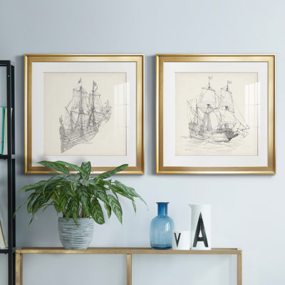 Croquis de bateau antique III, croquis de bateau antique III, ensemble de 2 reproductions de dessins encadrés