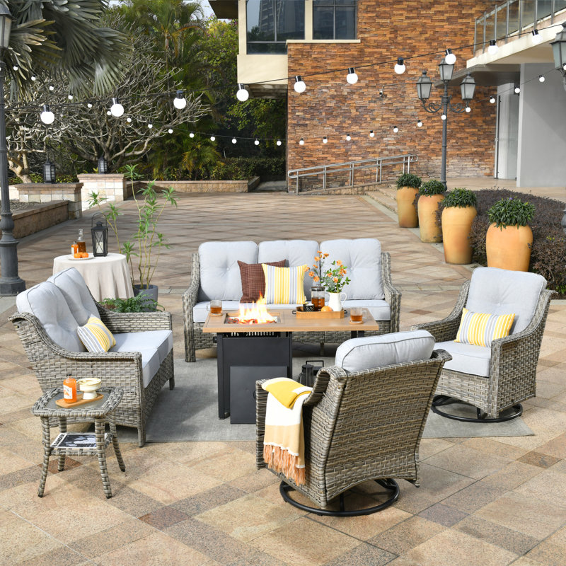 Preuss Wicker 7 - Person Patio Conversation Set with Cushions, Light Gray