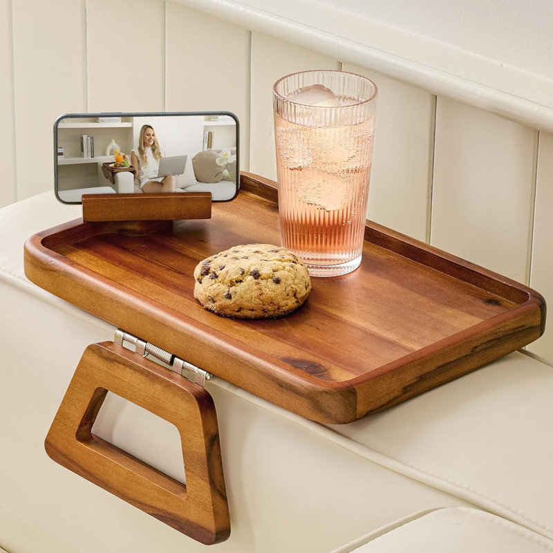 Acacia Couch Arm Table With Phone Holder - Wooden Sofa Armrest Tray - Clip-on Tray For Wide Couch - Side Table For Eating & Drink