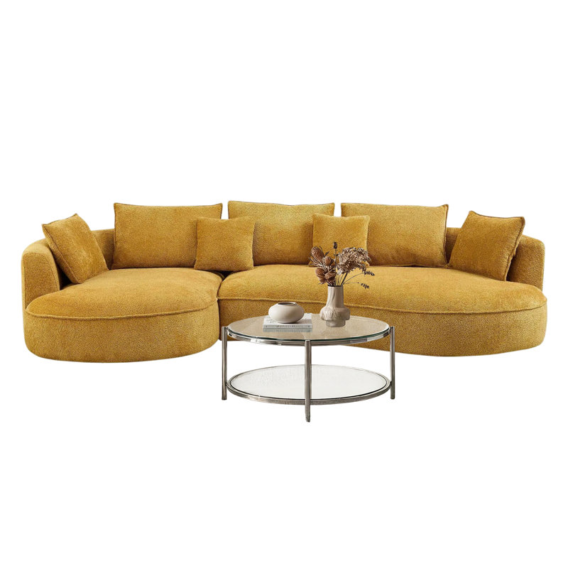 125" Curved Boucle Sectional Sofa With Chaise And 7 Pillows, Left Hand Facing, Mustard Yellow