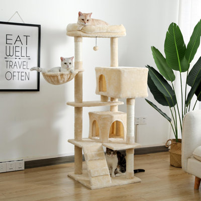 Grand arbre à chat, très grande surface de repos, tour pour chat à plusieurs niveaux de 56,2 pouces avec hamac et sac de couchage, poteau à griffer et 2 appartements
