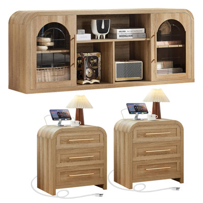 Meuble télé incurvé de 58 po et ensemble de table de chevet de 24 po de hauteur, meuble audio-vidéo moderne avec rangement en verre, table de bout latérale avec chargeur et tiroirs, meubles de bureau épais pour la chambre à coucher 3