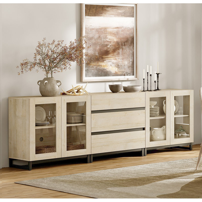 3 In 1 Modern Sideboard With Glass Doors And 3 Drawers,Storage Cabinet With Adjustable Shelves, Coffee Bar Cabinet For Living Room, Kitchen