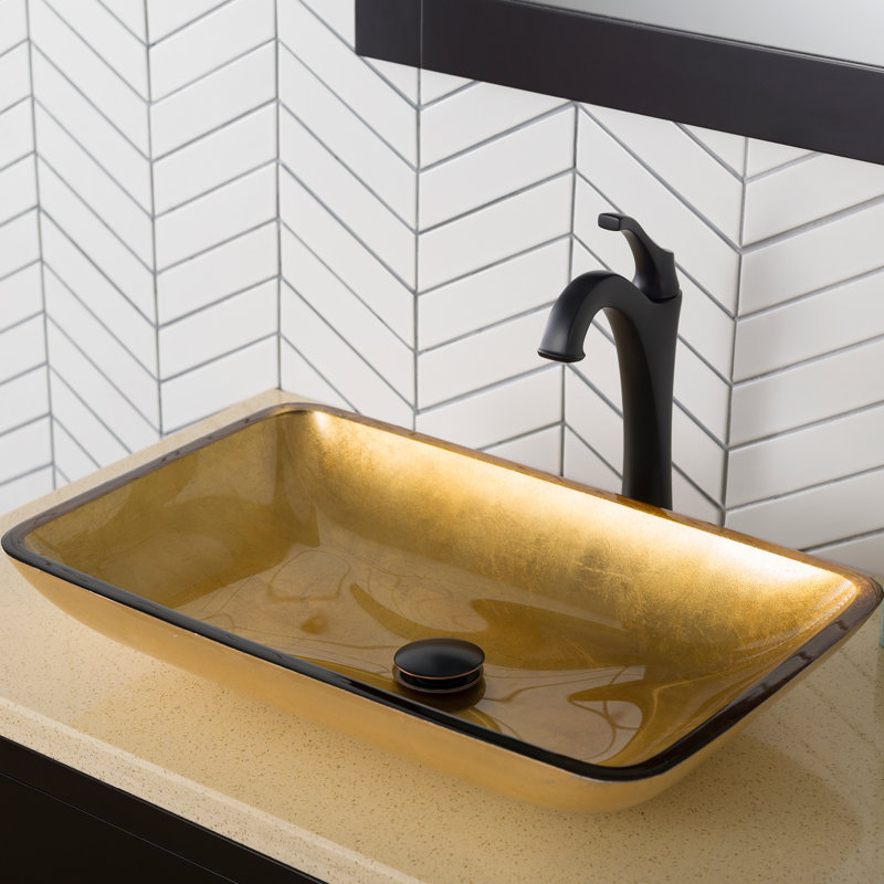 Lavabo de salle de bain vasque rectangulaire en verre avec robinet, Noir mat, Or