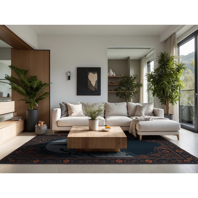 Soft Plush Fergus Halloween Modern & Contemporary Abstract Area Rug in Gray – Navy Binding, 7x10