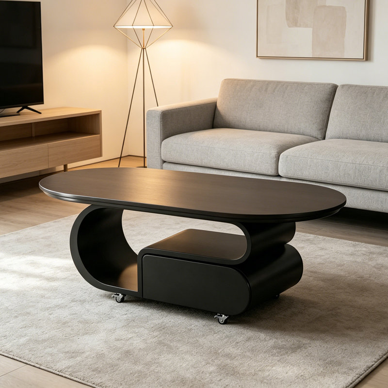 Modern Light Luxury Cream Coffee Table, Black, 17.71" H x 51.18" L x 27.55" W, Black