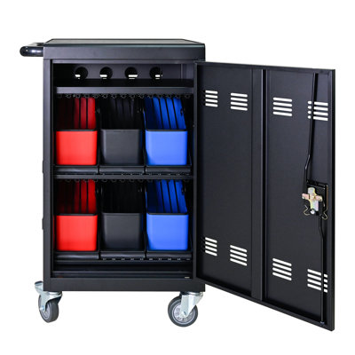 Lockable Charging Trolley For 30 Devices, Cable Managed Easily 32 Tablet Laptop Cart With Lock And Cord Organization Advantage