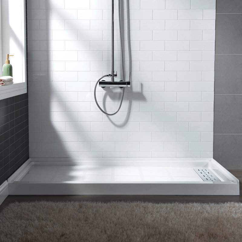 48" W x 32" D Solid Surface Single Threshold Shower Pan Base with Drain Assembly & Drain Cover Included, Non-Slip, Right