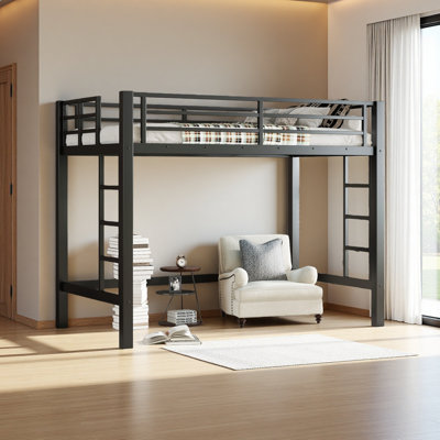Metal Loft Bed, Loft Bed With Easy Climbing Ladder And Guardrails