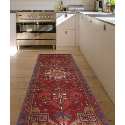 One-of-a-Kind 3'7" X 10'11" 1980s Runner Wool Area Rug in Burgundy