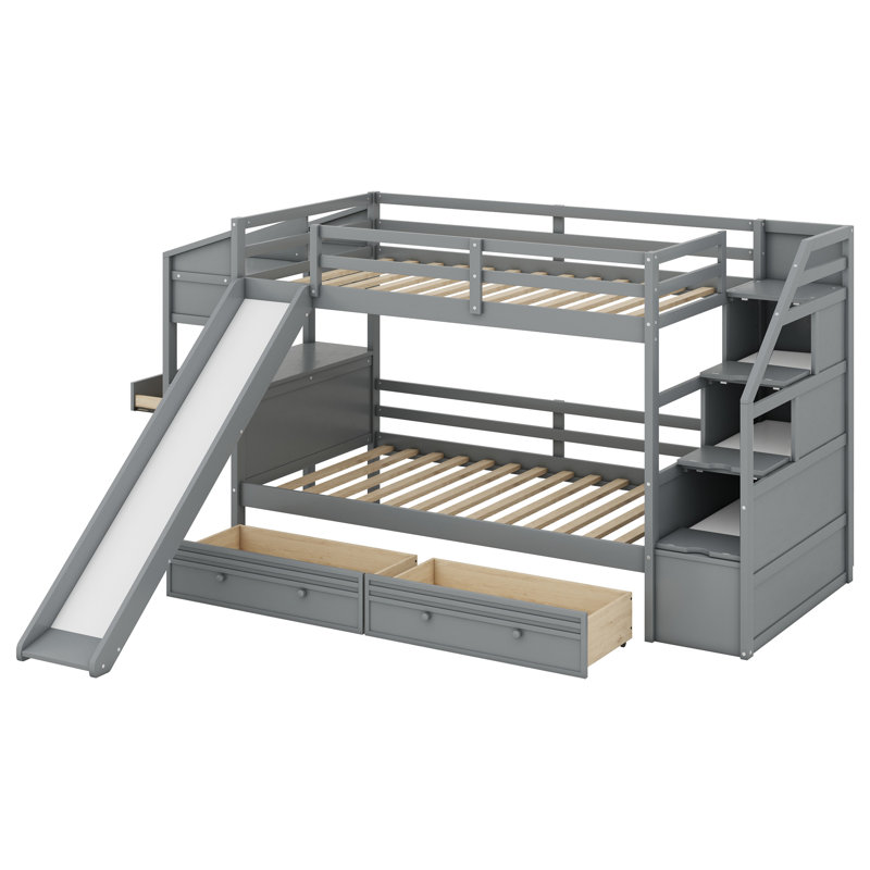Twin over Twin Bunk Bed with Storage Staircase, Slide and Drawers, Desk with Drawers and Shelves, Gray