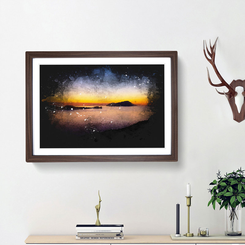 Sunset in Kythnos Greece - Picture Frame Graphic Art Print, 33cm H x 45cm W x 2cm D, Walnut Framed