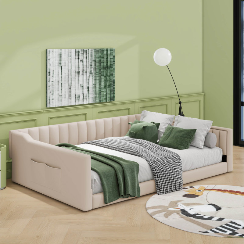 Lit de jour rembourré et poche de rangement latérale, Double XL, Beige