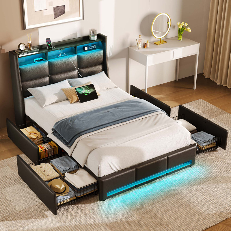 Upholstered Platform Bed Frame with Wingback Headboard, LED Lights & 4 Storage Drawers, Black, Twin/Single