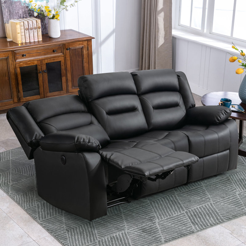 Brenaya 83.4" Modern and Oversize Soft Breathable Faux Leather Power Reclining Sofa, Black Faux Leather