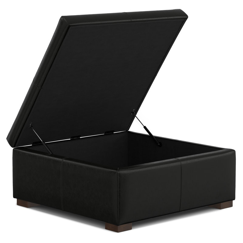 Gabbie 36"W Upholstered Vegan Leather Contemporary Square Lift-Up Coffee Table Storage Ottoman with Hidden Storage, Black