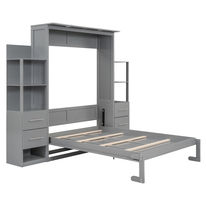 Lit escamotable double avec tablettes de rangement, tiroirs et lumières DEL - Lit escamotable pliant peu encombrant, gris