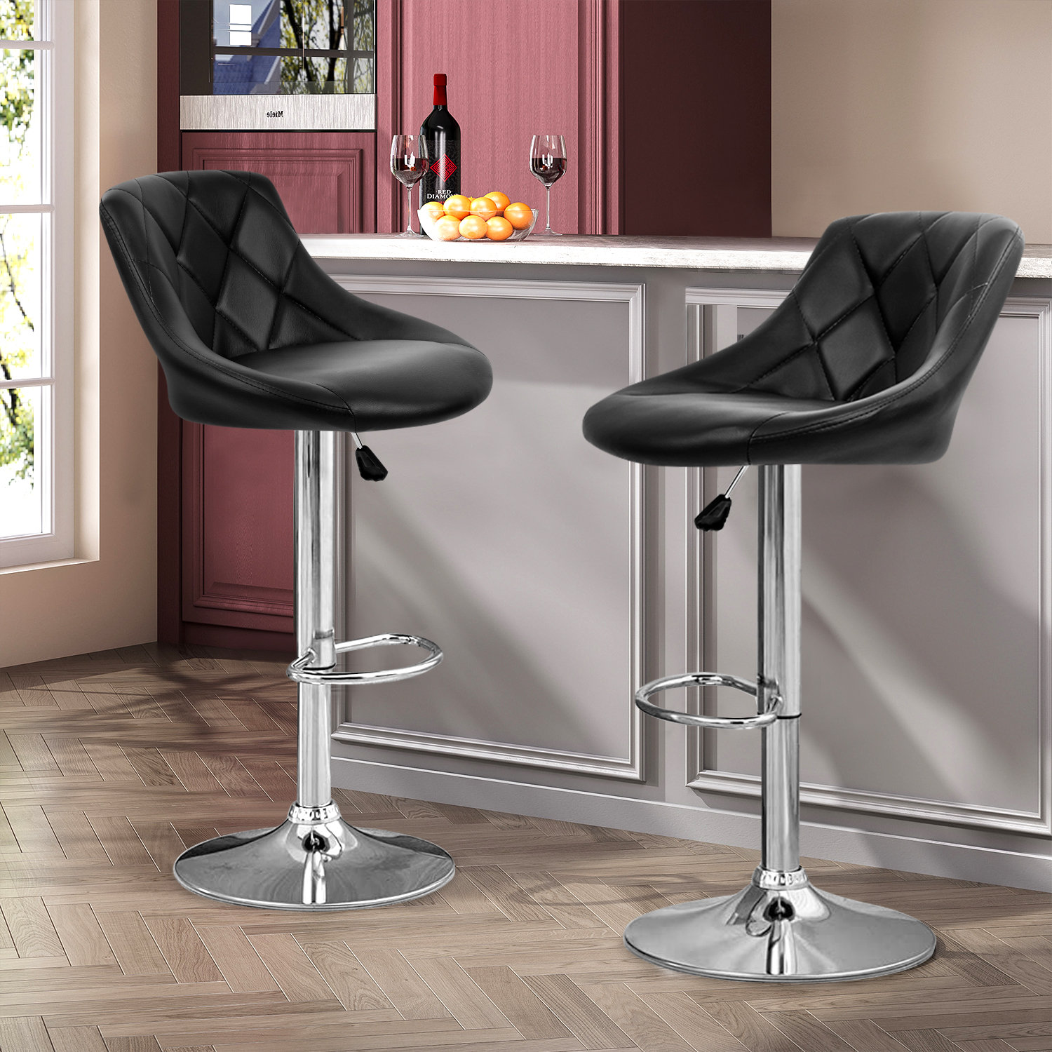 Ebern Designs Bar Stool Set Of 2 Height Adjustable Swivel Bar Stool PU Leather Upholstery Height ...