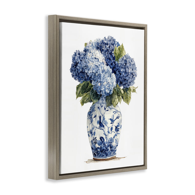 Hortensias bleus dans un cadre flottant en porcelaine, design par Imagine It Images, H 21 po x l 17 po