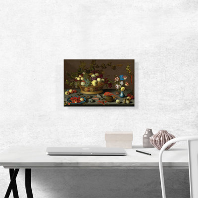 " Flowers In Vase, Fruit And Red Parrot " by Balthasar Van Der Ast