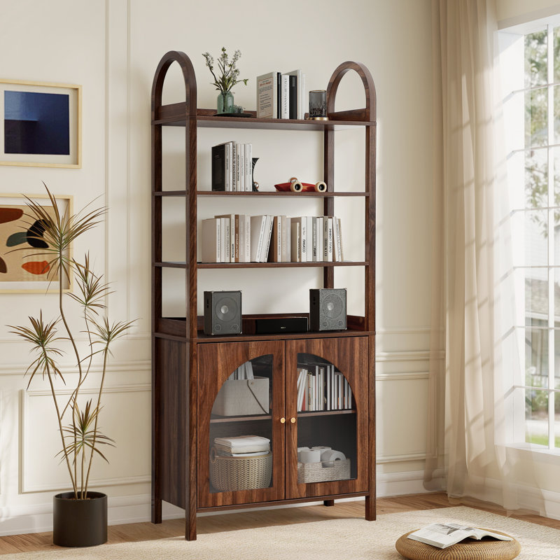 71'' H Arched 6-Tier Storage Bookcase, Walnut