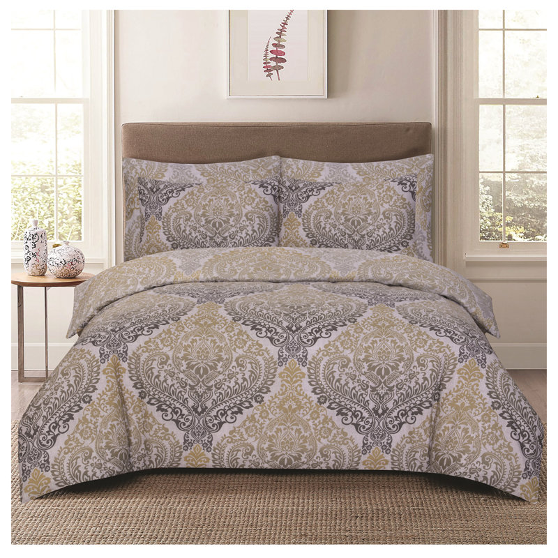 Complete Bedding Set Cotton Rich Damsk Duvet Cover, Fitted Sheet & Pillowcases Soft, Breathable & Wrinkle-Resistant, Ochre
