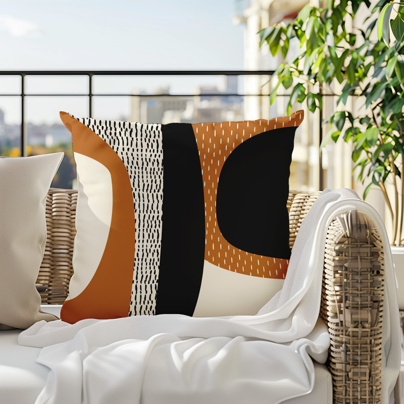 Coussin carré intérieur / extérieur pia, H 15 po x l 15 po, Orange brûlé / noir / blanc cassé