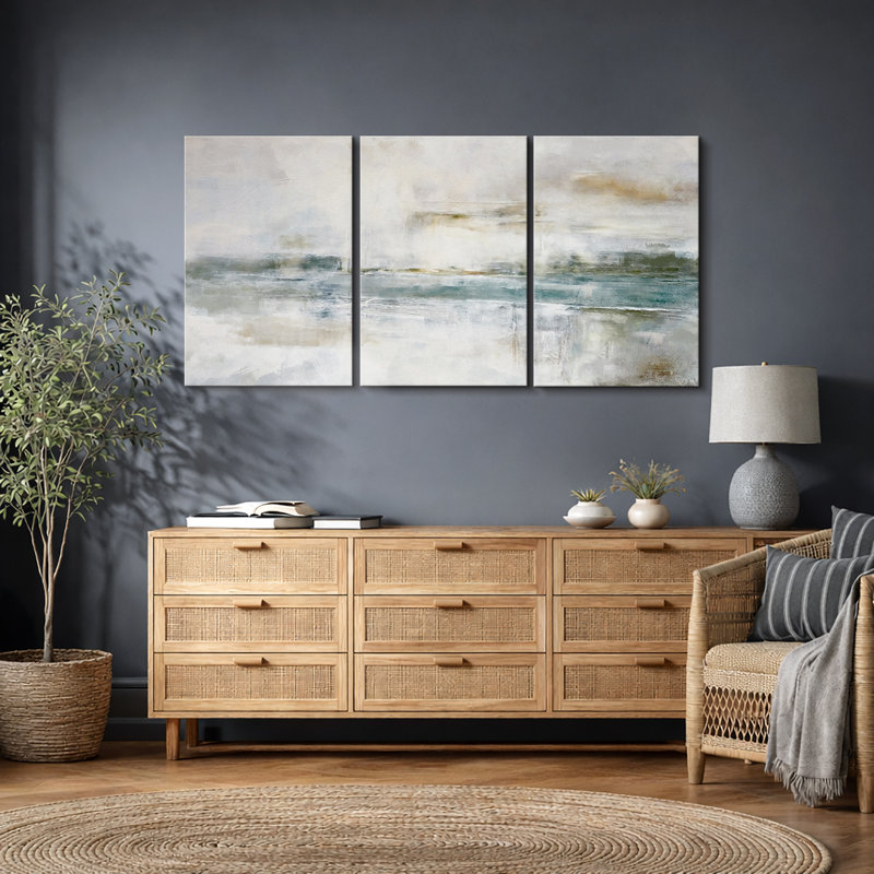 Minimal Landscape "Grunge Green Gray Abstract Artwork, Modern Industrial Chic Wall Pictures, Large Framed Canvas Giclee Print 3 Pieces Wall Art"