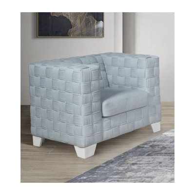 Fauteuil d'appoint en chenille bleu clair avec finition blanche Saree - sièges rembourrés modernes pour le salon et la chambre à coucher