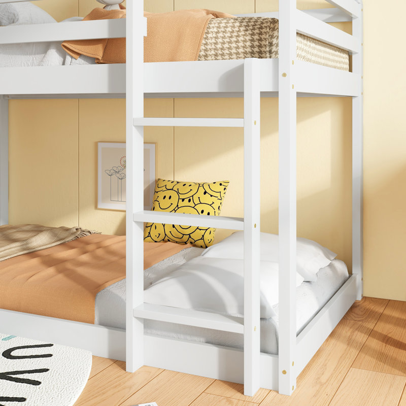 Twin Over Twin Rubber Wood Floor Bunk Bed, With Ladder,Guardrails,House-Shaped-Bunk Bed,White, White