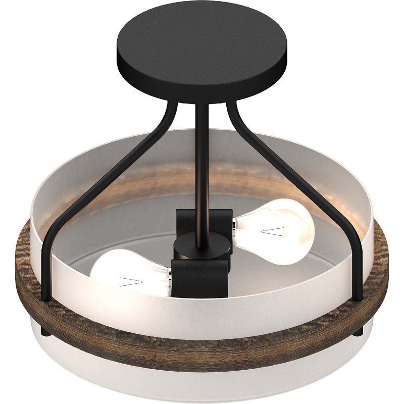 Loon Peak® 4743 Emery 2-Light Indoor Walnut & Black Semi-Flush Mount Ceiling Fixture with Frosted Glass Drum