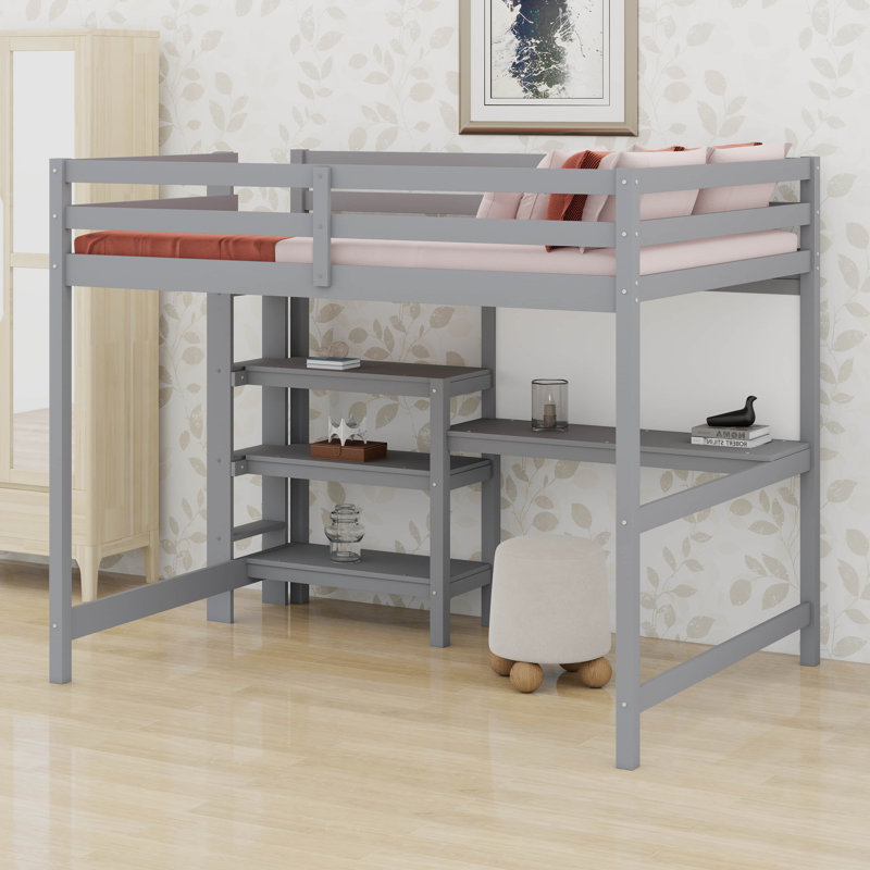 Twin Size Wooden Loft Bed With Shelves And Desk,Bed W/Writing Board & Full-Length Guard Rail,Slat Support, Gray